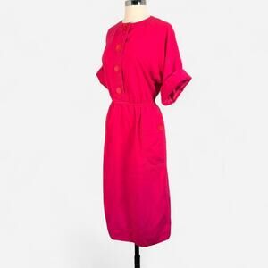Vintage Fuchsia Button-Front Midi Dress with Pockets